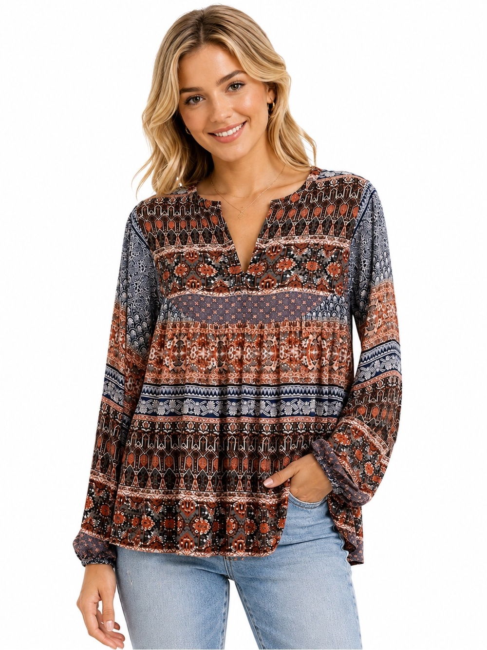 Lucky Brand Mixed Print Boho Peasant Blouse Long Sleeve Size XS
